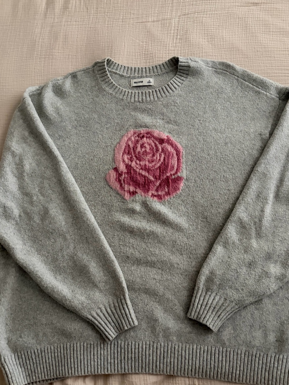Hollister Light Gray Crewneck Sweater with Pink Rose Motif